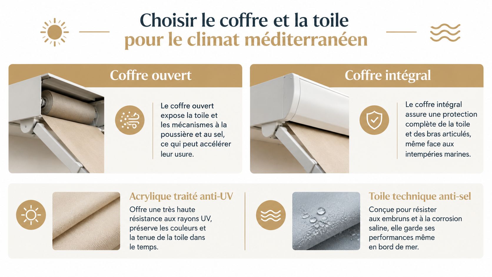 Comparaison entre les coffres de store et les types de toiles adaptés au climat méditerranéen ensoleillé.