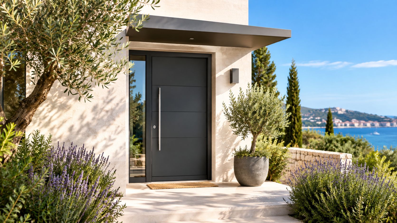 Une porte d'entrée moderne en aluminium gris anthracite sur une terrasse ensoleillée avec des oliviers et lavandes.