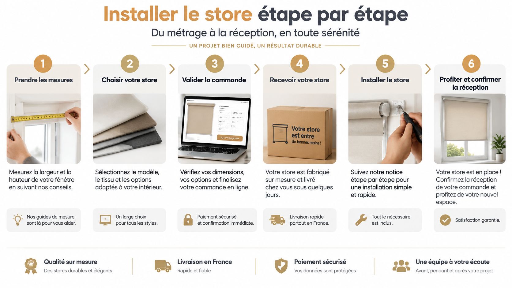 Infographie étape par étape expliquant le processus d'achat, de commande et d'installation de stores sur mesure.