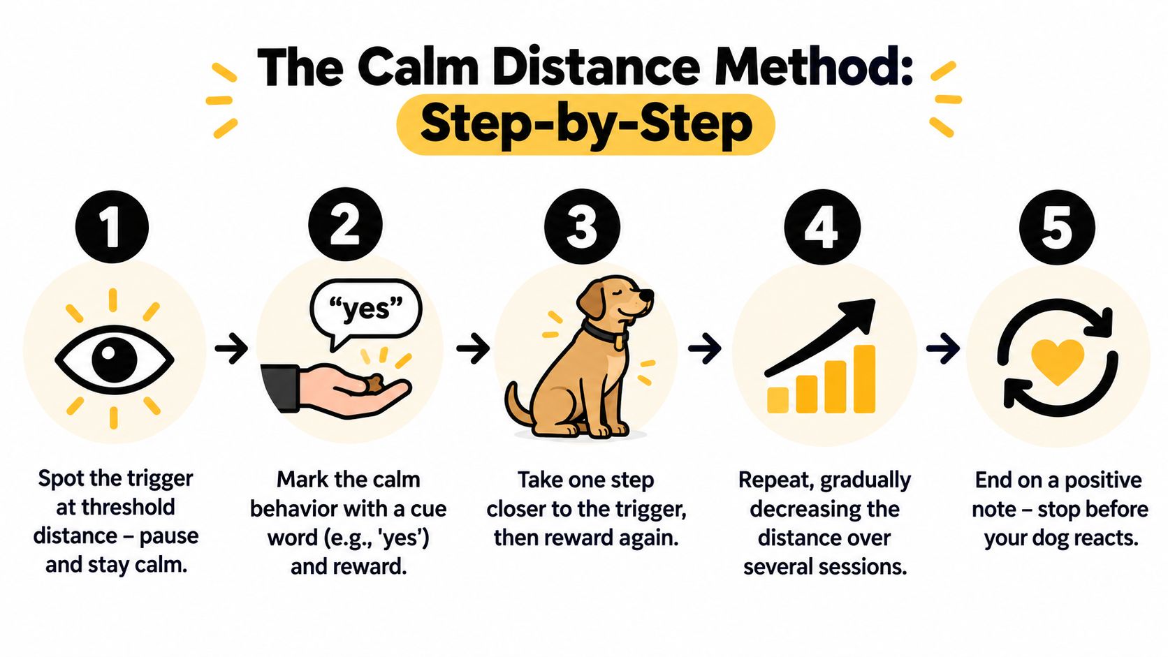 A five-step infographic titled The Calm Distance Method showing how to train reactive dogs step by step.