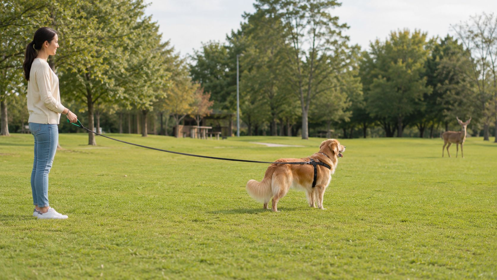 A woman stands in a green park holding a reactive dog leash attached to a golden retriever.