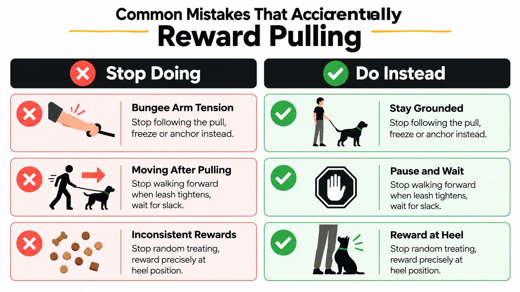 An infographic showing common dog leash training mistakes to avoid alongside correct leash walking techniques.