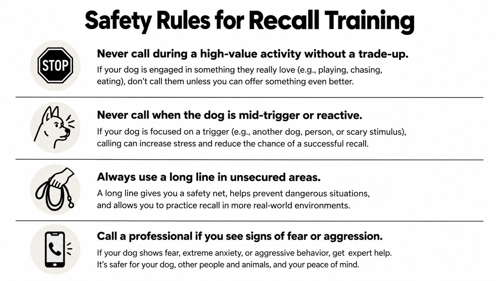 A safety infographic for dog recall training listing four essential tips for owners training their pets.