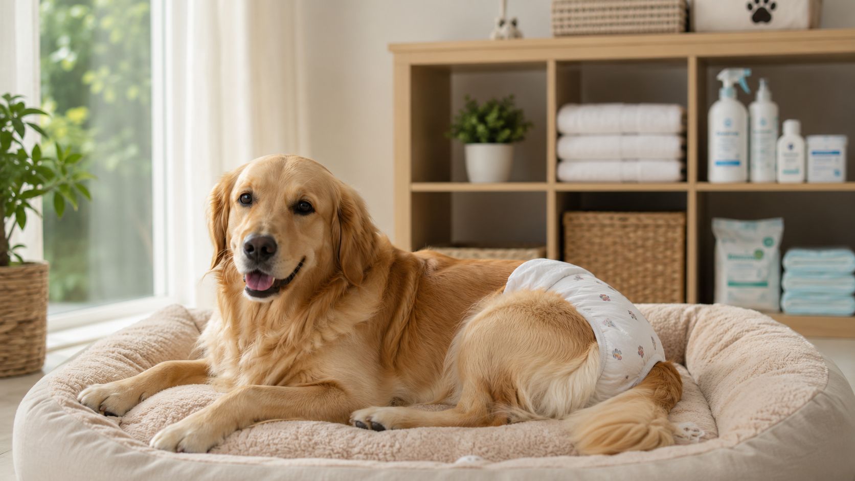 A happy golden retriever dog wearing a diaper rests comfortably on a soft bed indoors.