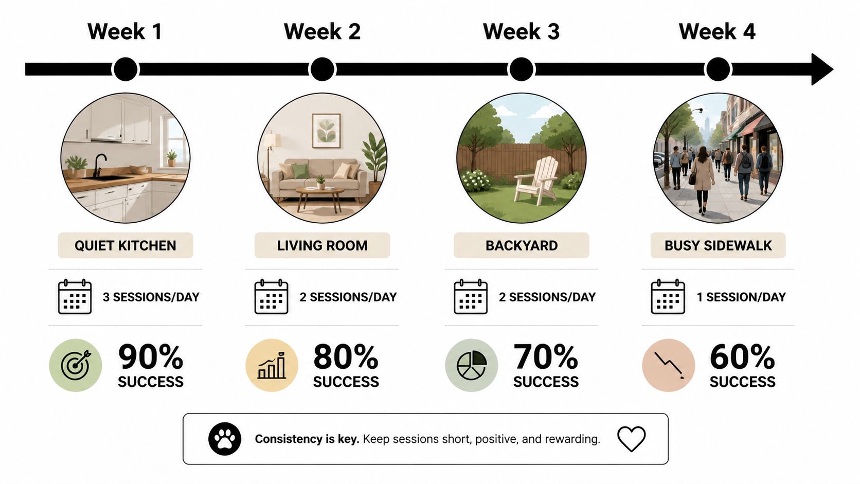 A four-week dog training schedule with icons showing locations like a kitchen, living room, backyard, and sidewalk.