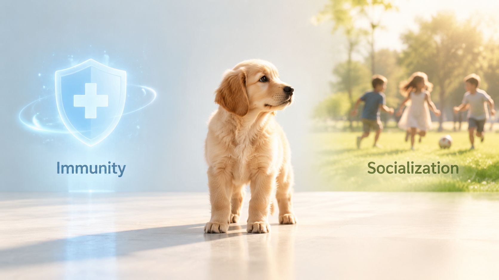 A golden retriever puppy standing between a digital immunity shield icon and a scene of children playing outdoors.