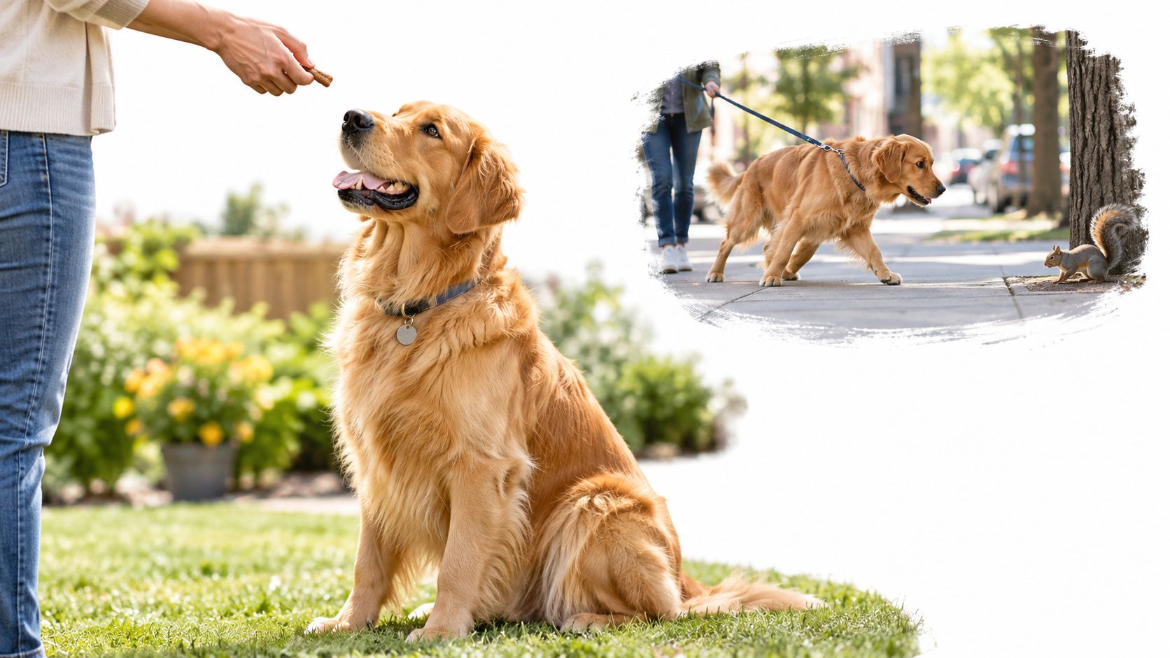 A golden retriever sitting patiently for a treat and another on a walk watching a squirrel.