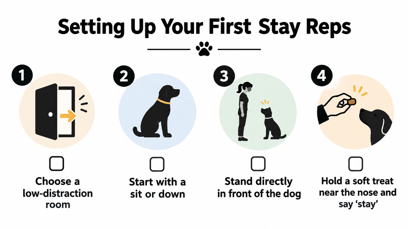 An infographic showing four simple steps to teach a dog the stay command, starting in a quiet room.