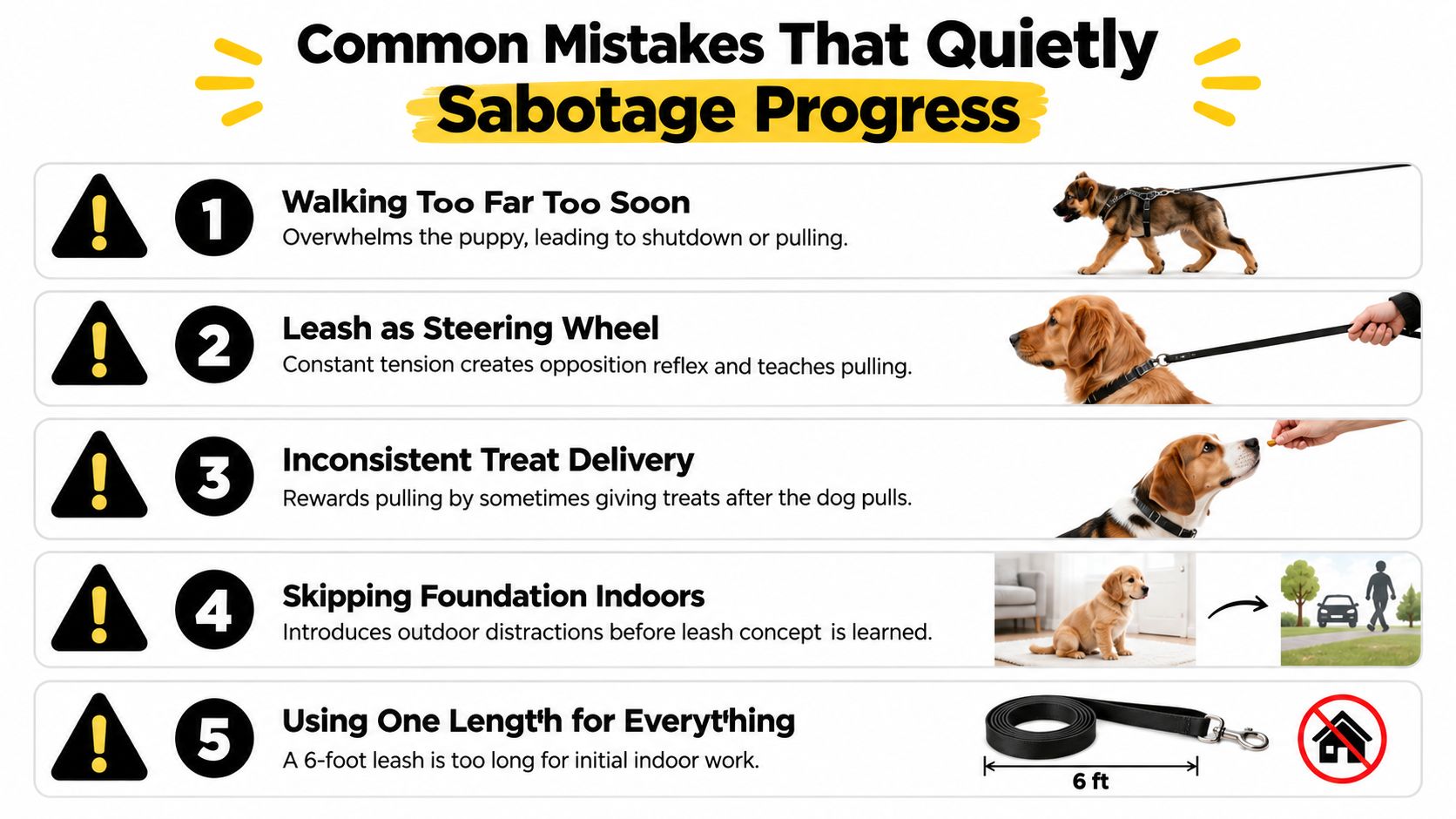 A five-point infographic titled Common Mistakes That Quietly Sabotage Progress during puppy leash training sessions.