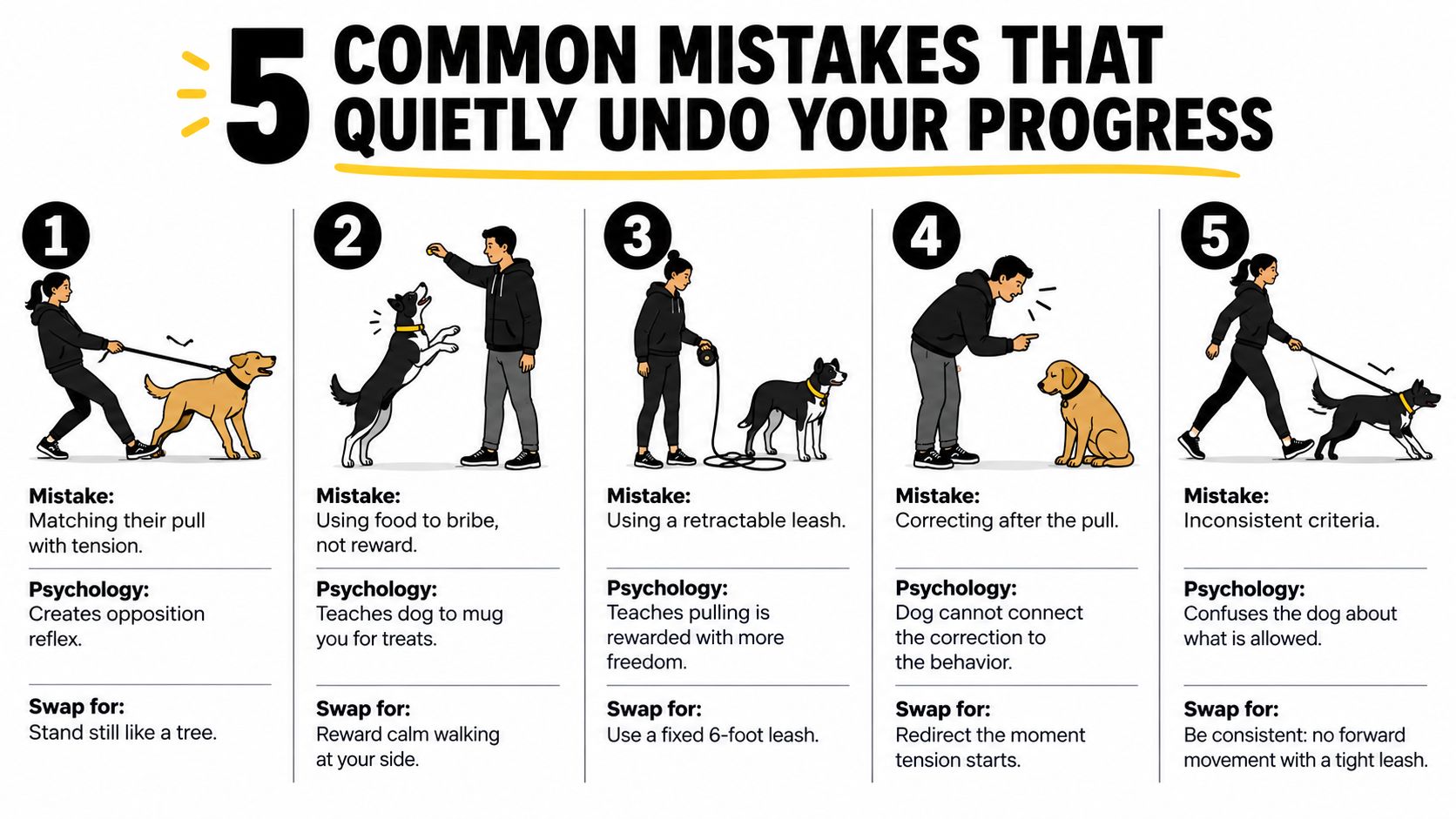 A guide illustrating five common dog training mistakes while using a leash that hinder behavior progress.