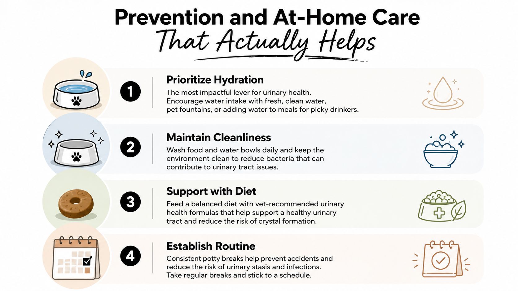 An infographic detailing four prevention and at-home care tips to help maintain a pet's urinary health.