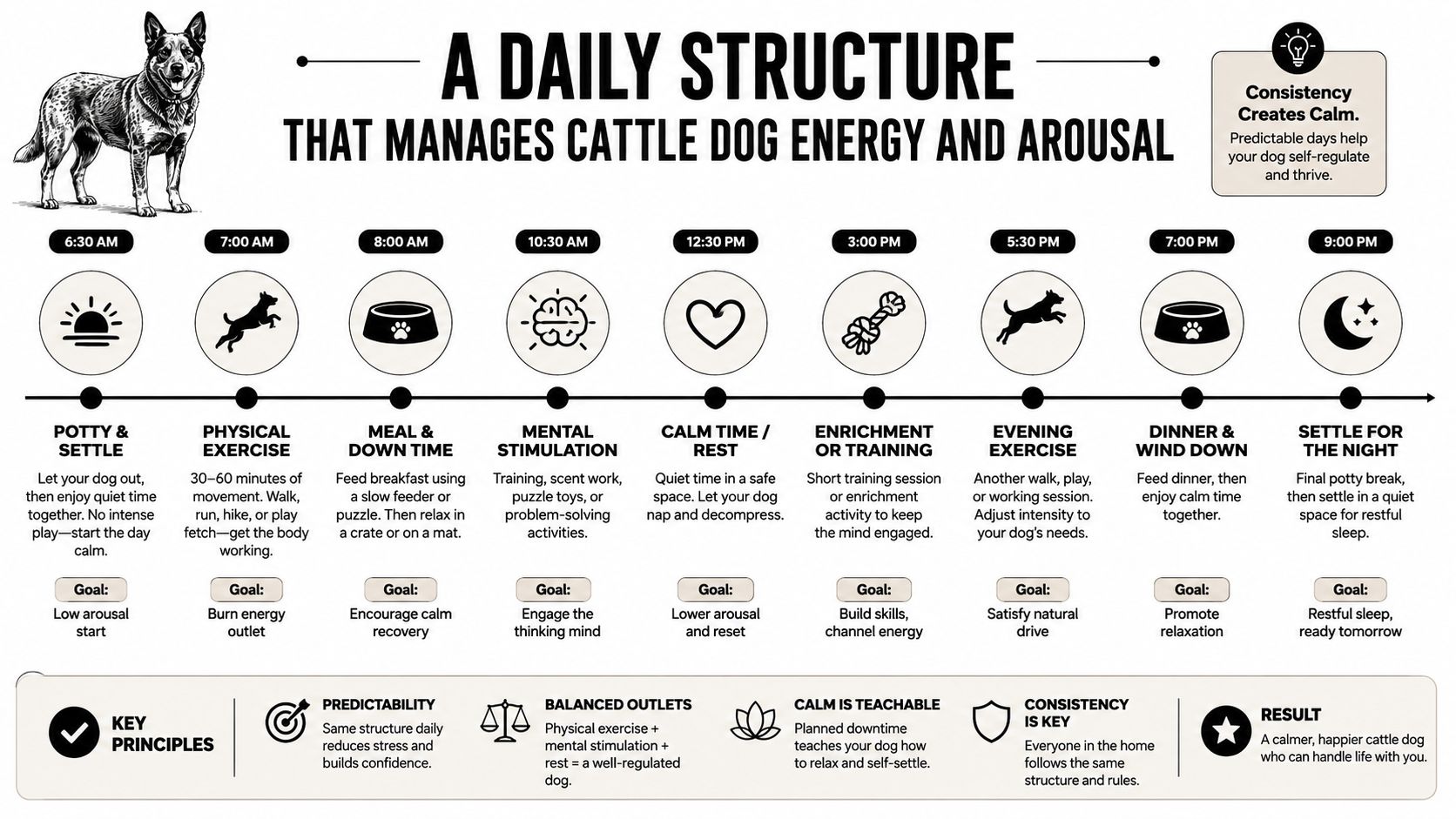 A structured daily schedule chart for cattle dogs designed to manage energy levels and promote calmness.
