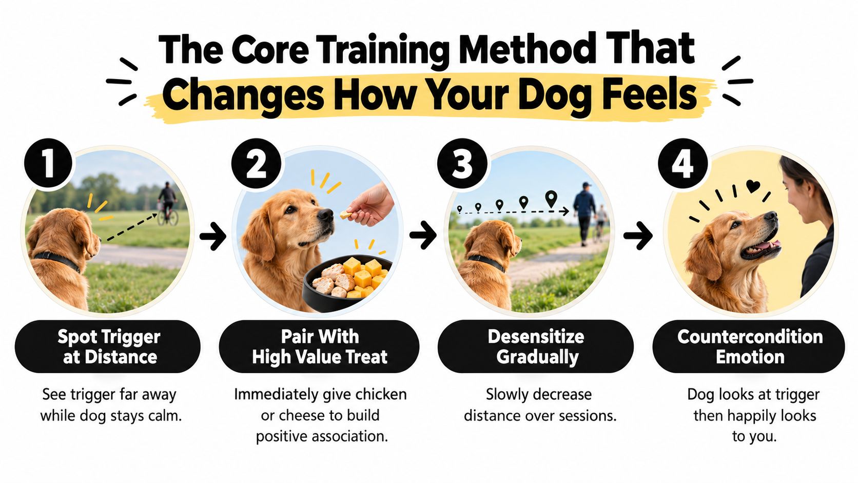 An infographic illustrating a four-step dog training method to change reactive behavior using distance and treats.