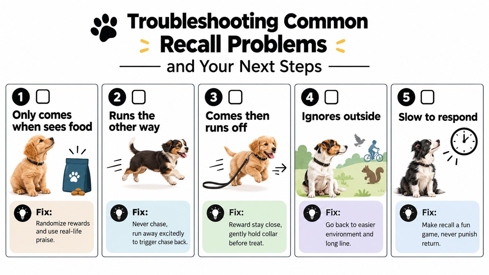 An infographic titled Troubleshooting Common Recall Problems featuring five numbered tips for training your puppy.