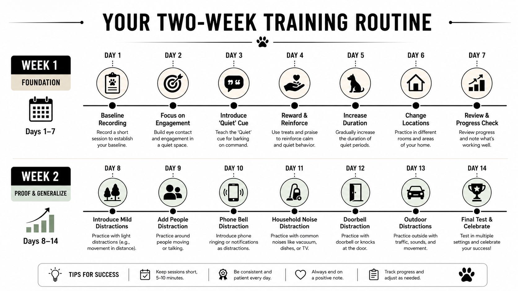 A two-week dog training schedule infographic designed to help reduce barking in apartment environments.
