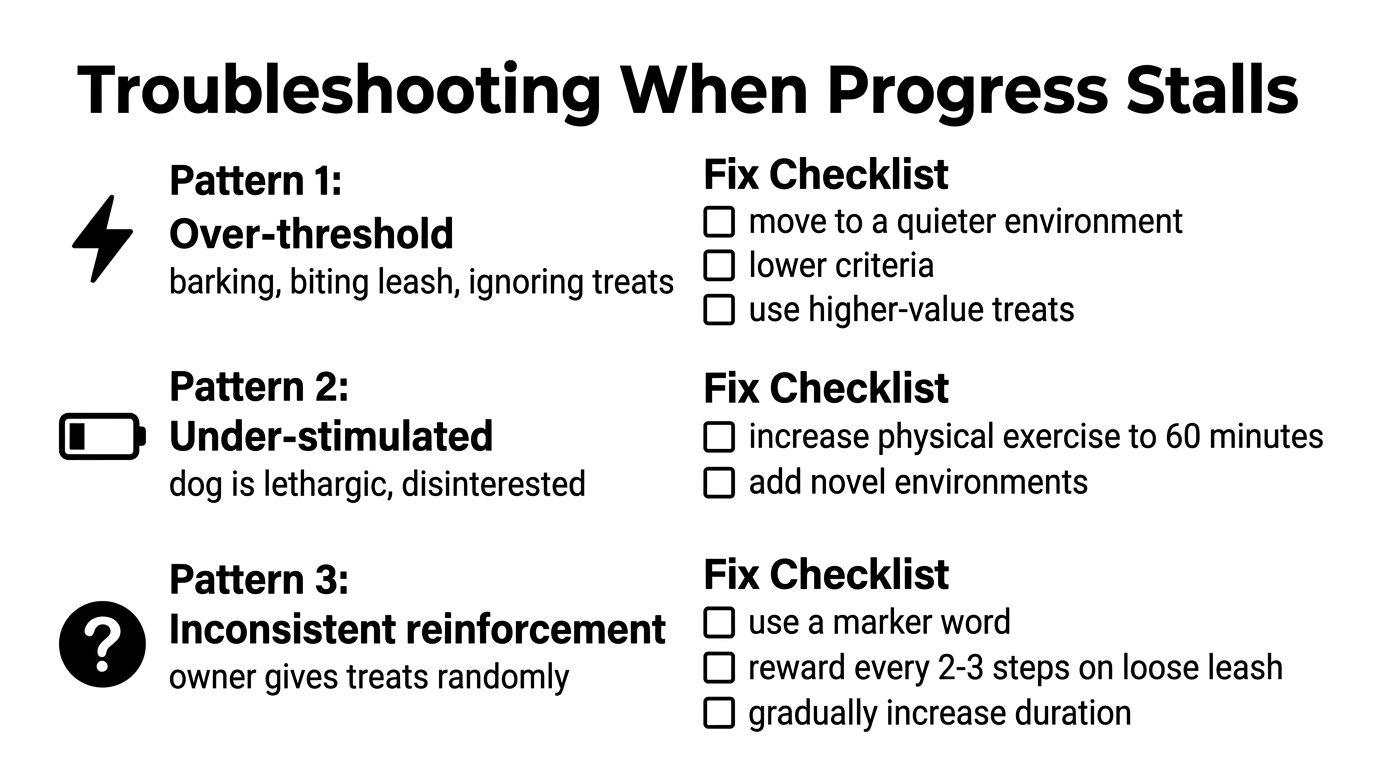 A troubleshooting chart for dog training progress stalls categorized by over-threshold, under-stimulated, and inconsistent reinforcement patterns.