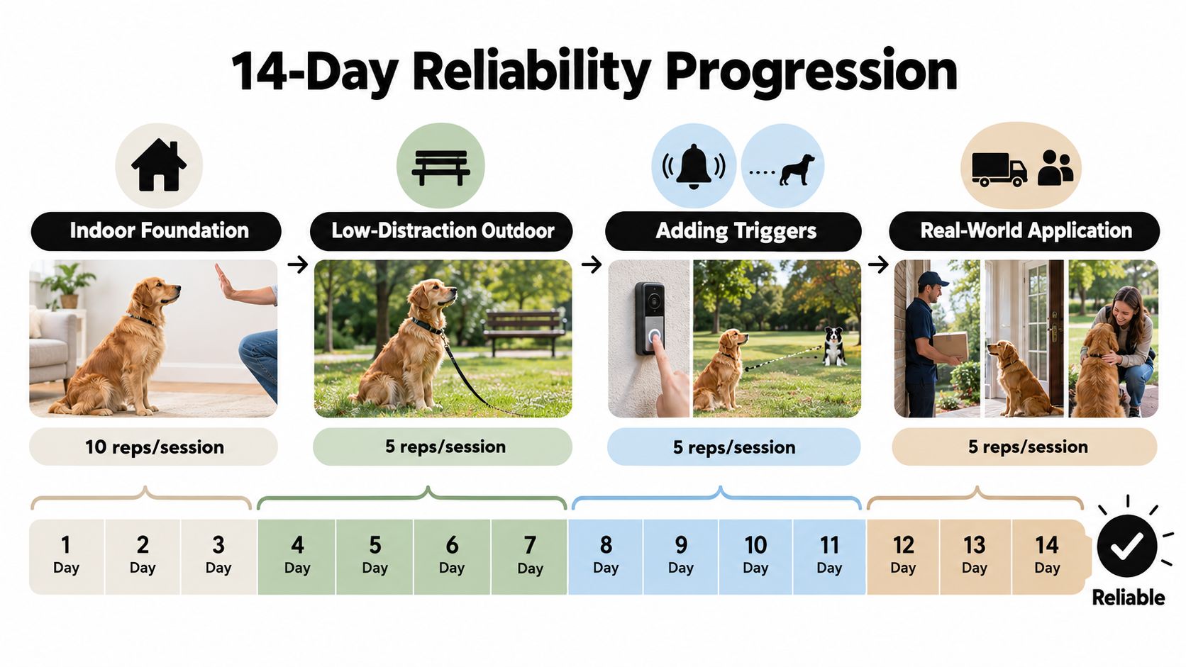 A 14-day training guide infographic showing steps to stop a dog from jumping using positive reinforcement techniques.