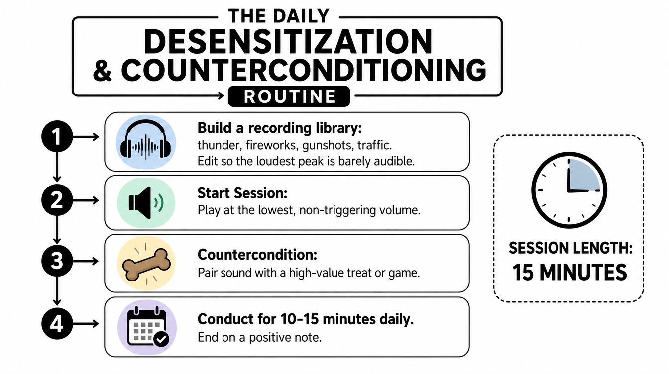 An infographic showing a four-step daily desensitization and counterconditioning routine for dogs with noise sensitivity.