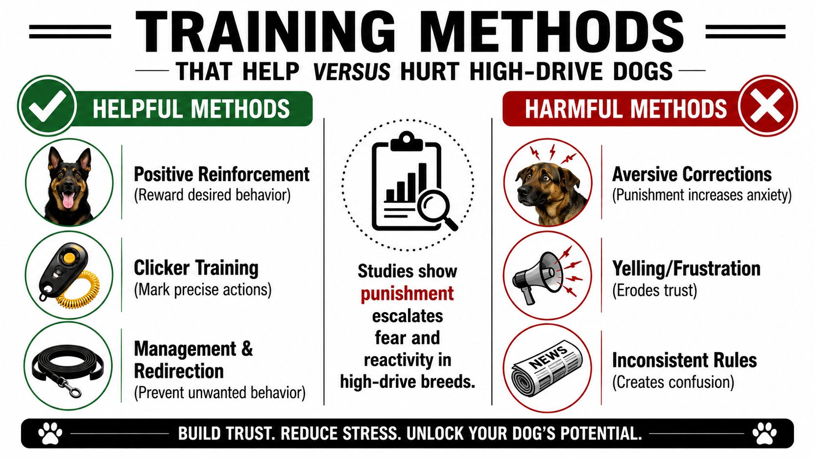 A helpful infographic comparing positive reinforcement versus harmful training methods for high-drive dog breeds.