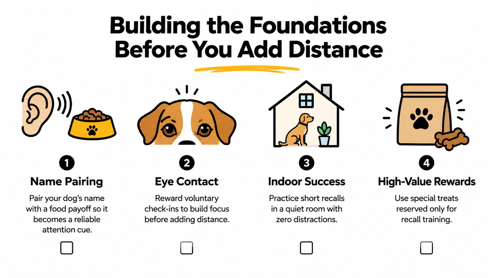 An instructional graphic outlining four foundational steps for dog recall training: Name Pairing, Eye Contact, Indoor Success, and High-Value Rewards.