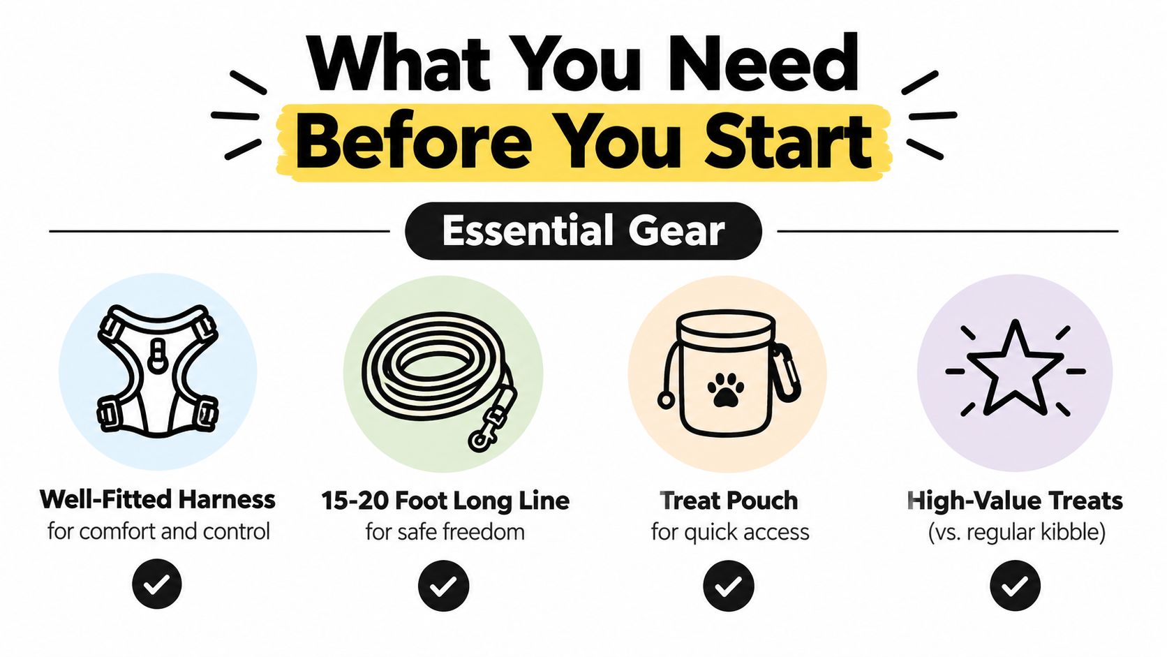 A helpful infographic listing essential dog training gear: harness, long line leash, treat pouch, and treats.