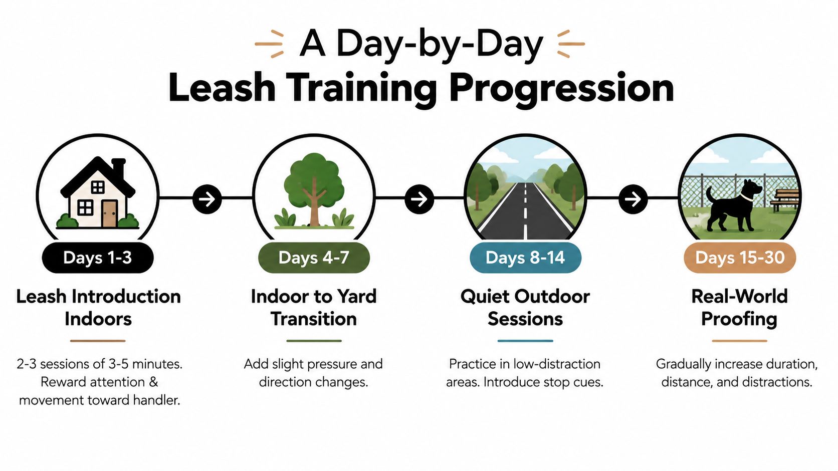 A four-step infographic illustrating a day-by-day progression plan for effective puppy leash training.