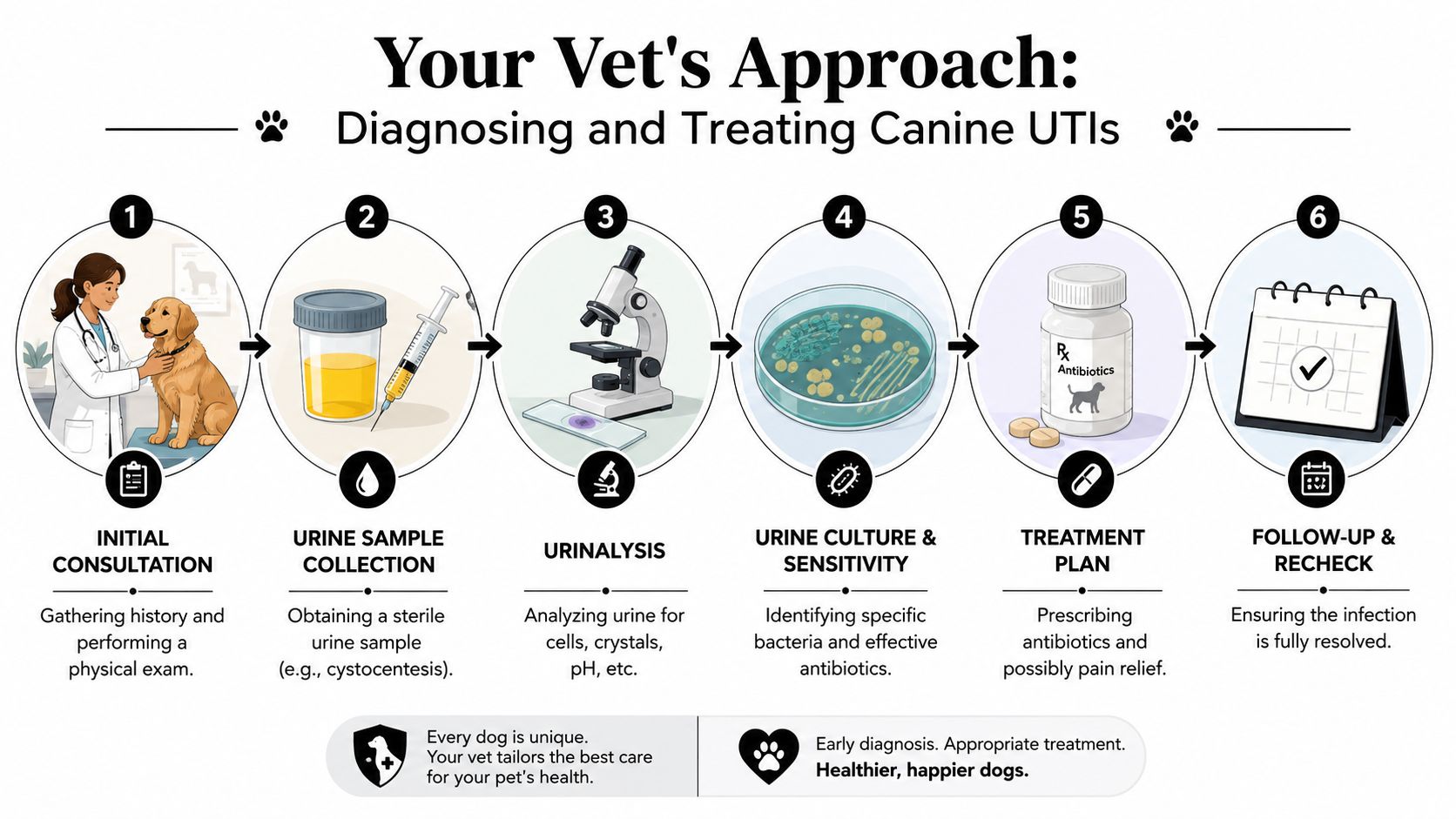 A six-step infographic explaining the veterinary process for diagnosing and treating urinary tract infections in dogs.