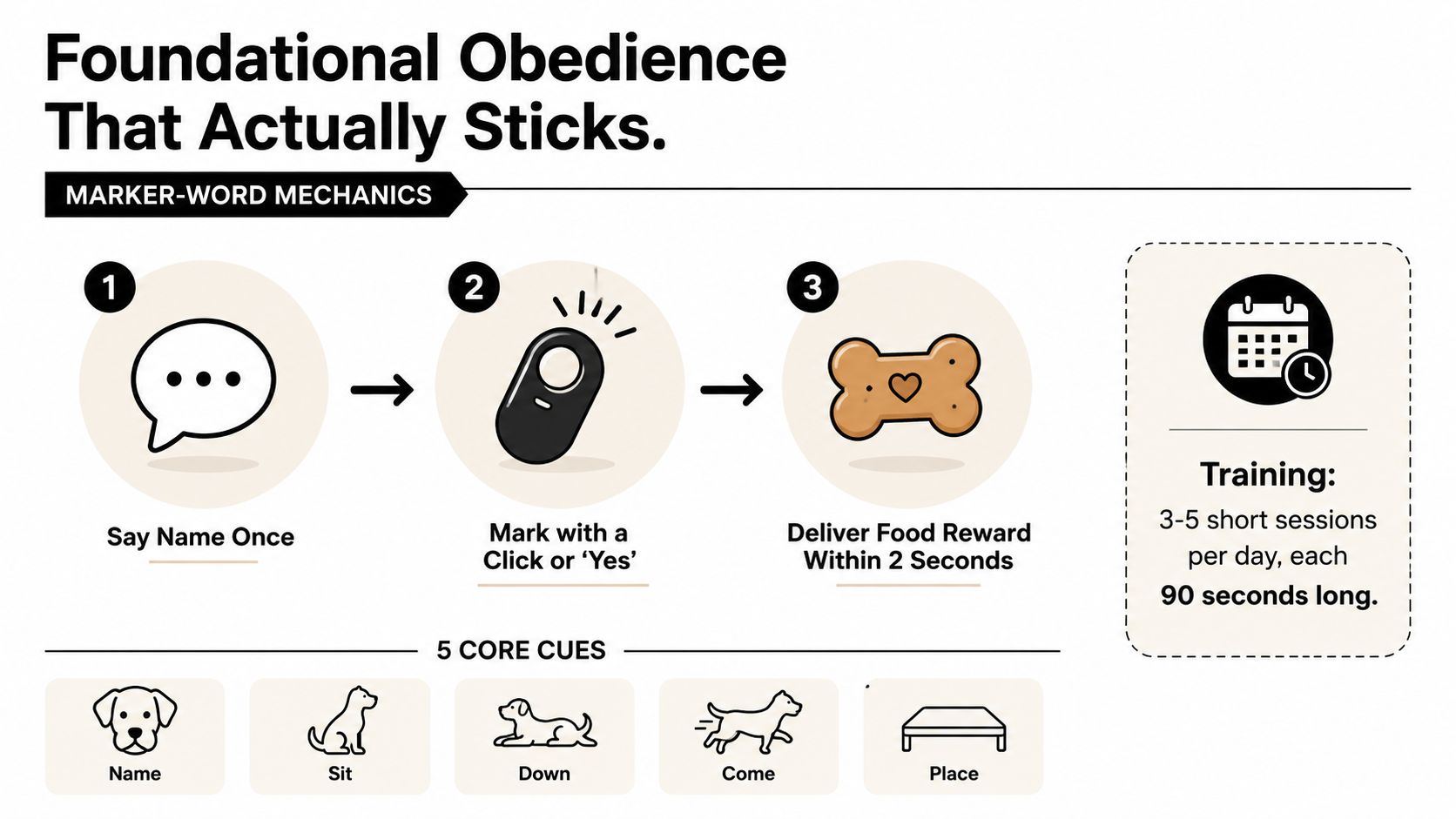A visual guide explaining marker-word dog training techniques involving steps like saying the name and using rewards.