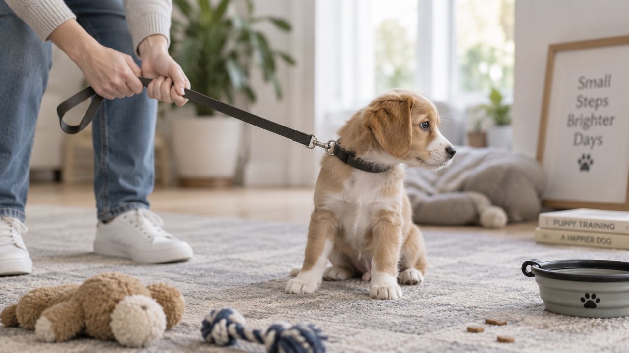 A light-brown puppy sits on a patterned rug while wearing a leash held by a person.