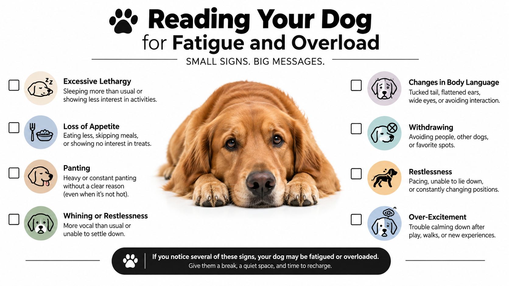 A visual guide titled Reading Your Dog for Fatigue and Overload, showing eight warning signs of stress.