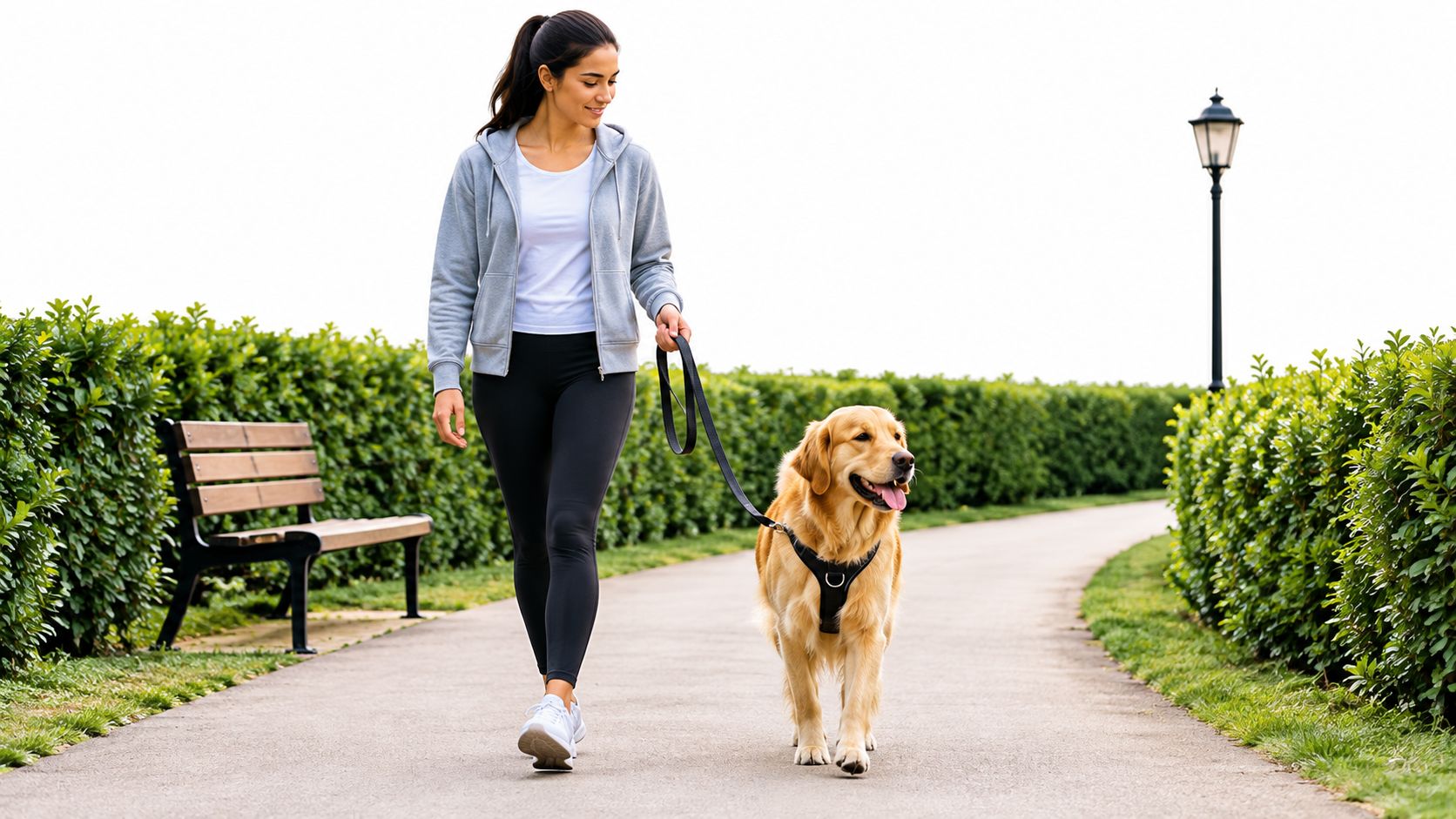 A woman walks her golden retriever on a leash along a peaceful path in a park.