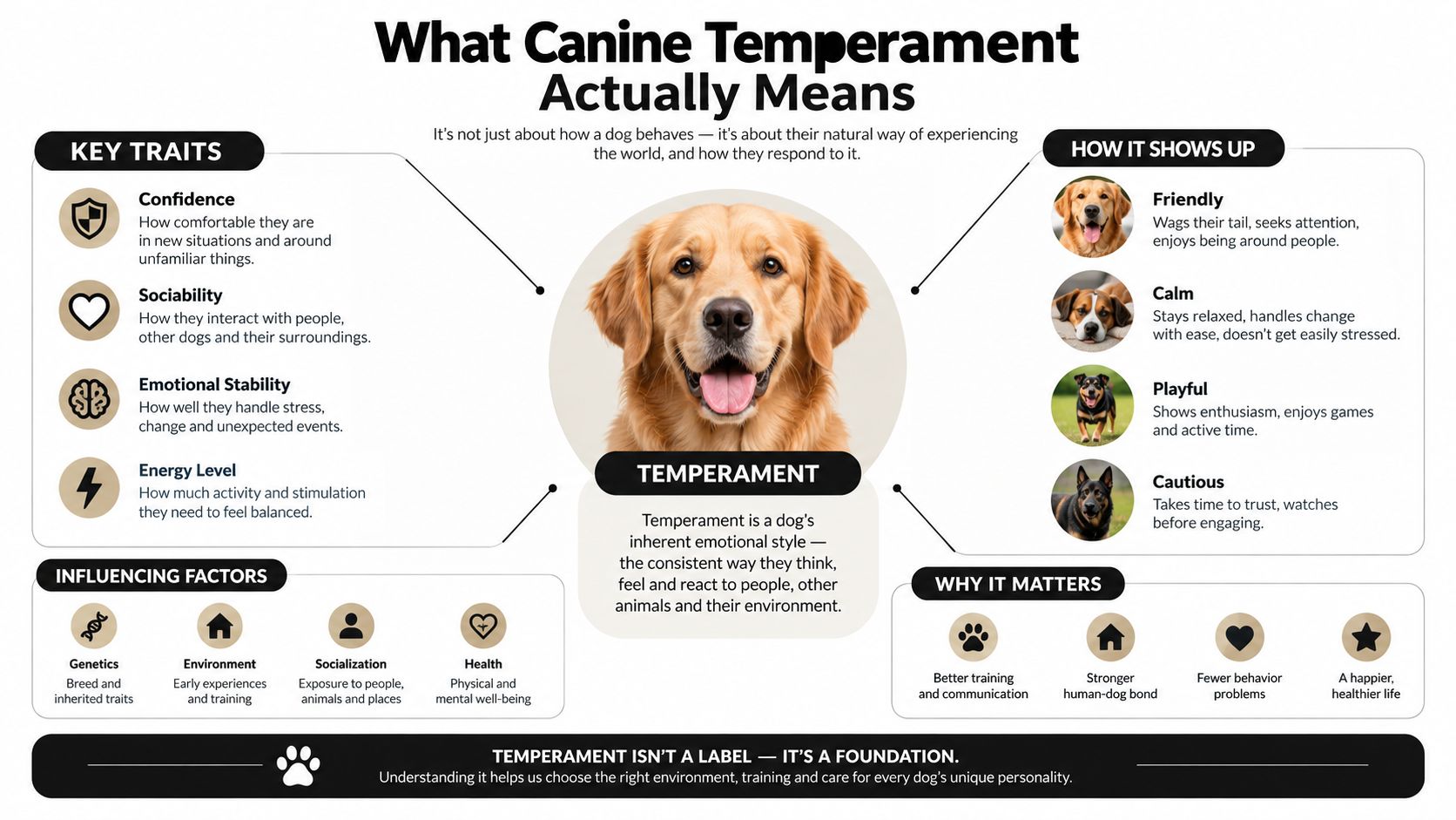 An infographic explaining canine temperament, highlighting key traits, influencing factors, and why understanding it matters for dog owners.