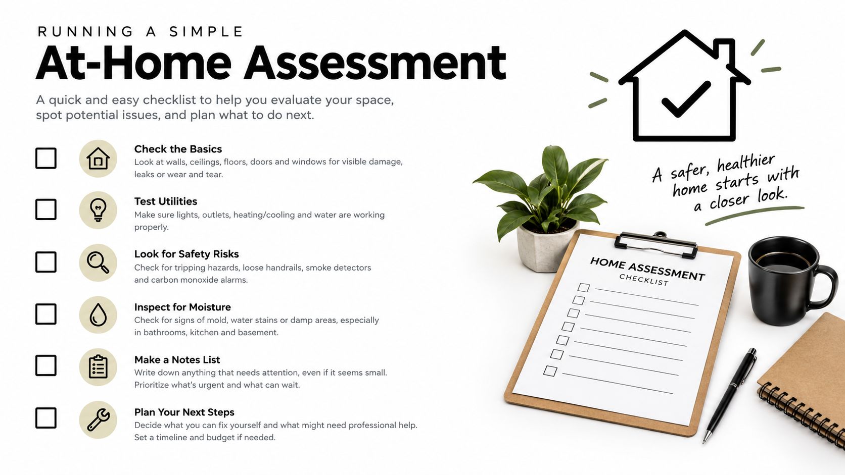 An infographic checklist for performing a simple at-home safety and maintenance assessment for homeowners.