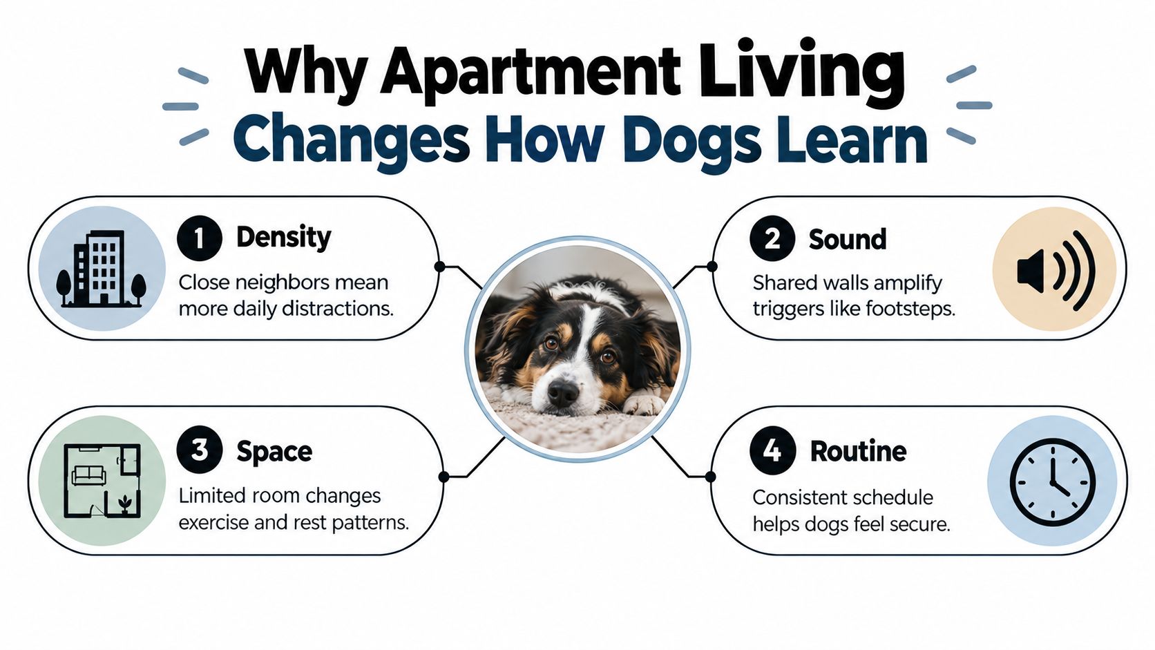 An infographic detailing four factors that influence how apartment living changes a dog's learning and development process.