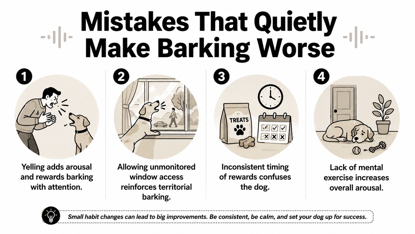 An infographic showing four common mistakes that can worsen excessive barking behavior in domestic dogs.