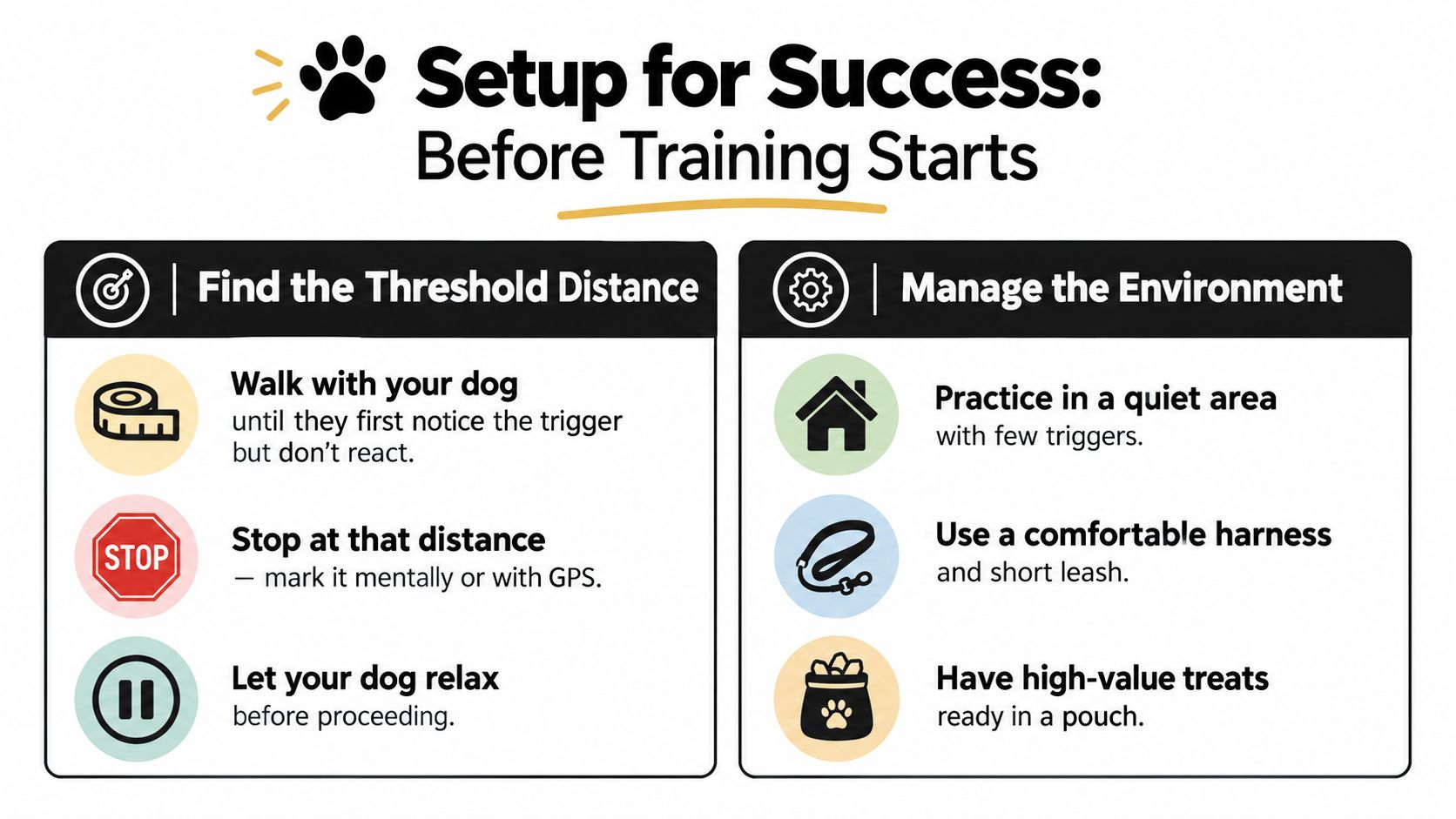 An infographic titled Setup for Success outlining tips to manage a dog's environment before training starts.