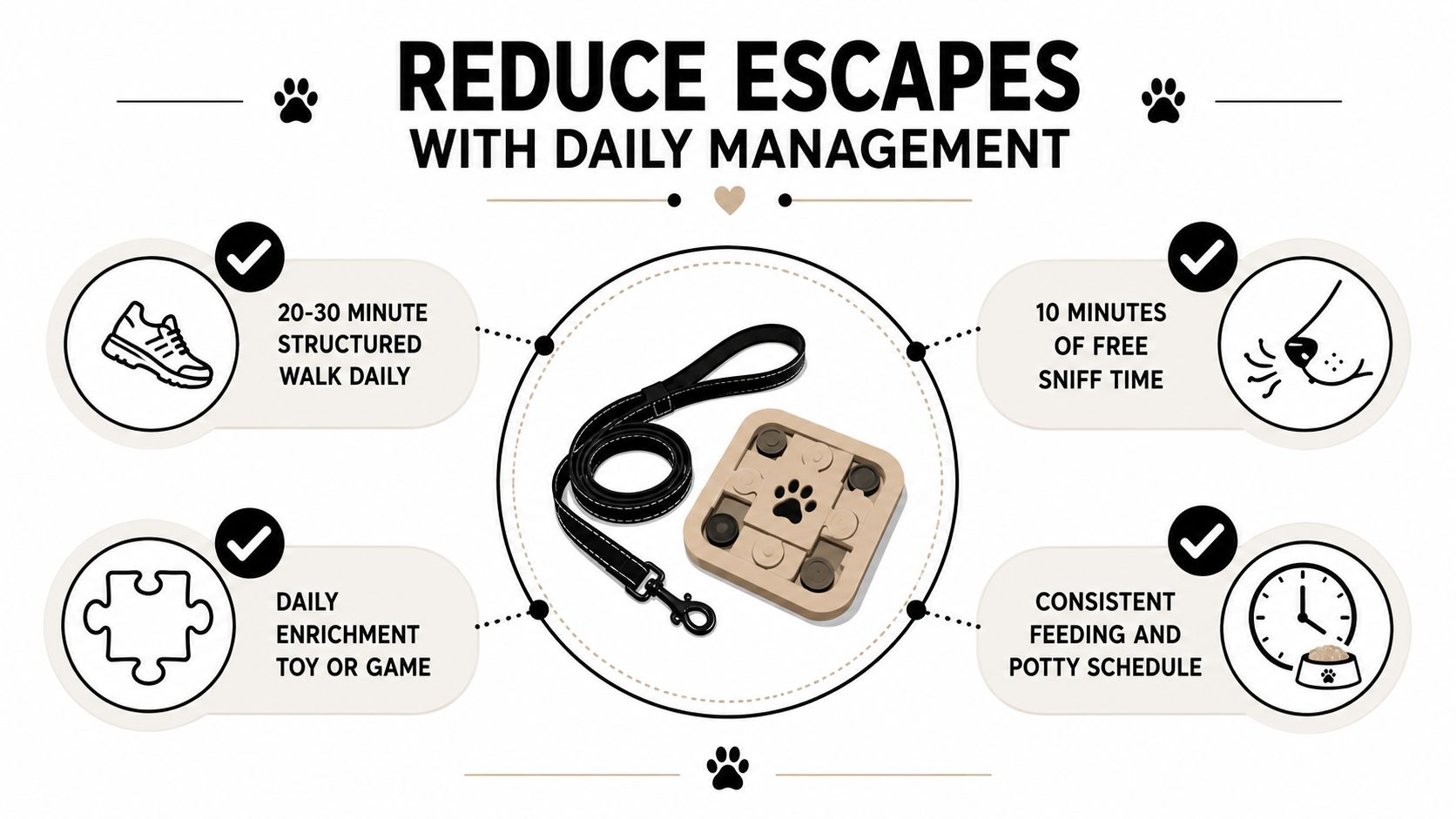 An infographic showing four daily management tips to reduce dog escapes including walks, sniffing, toys, and schedules.