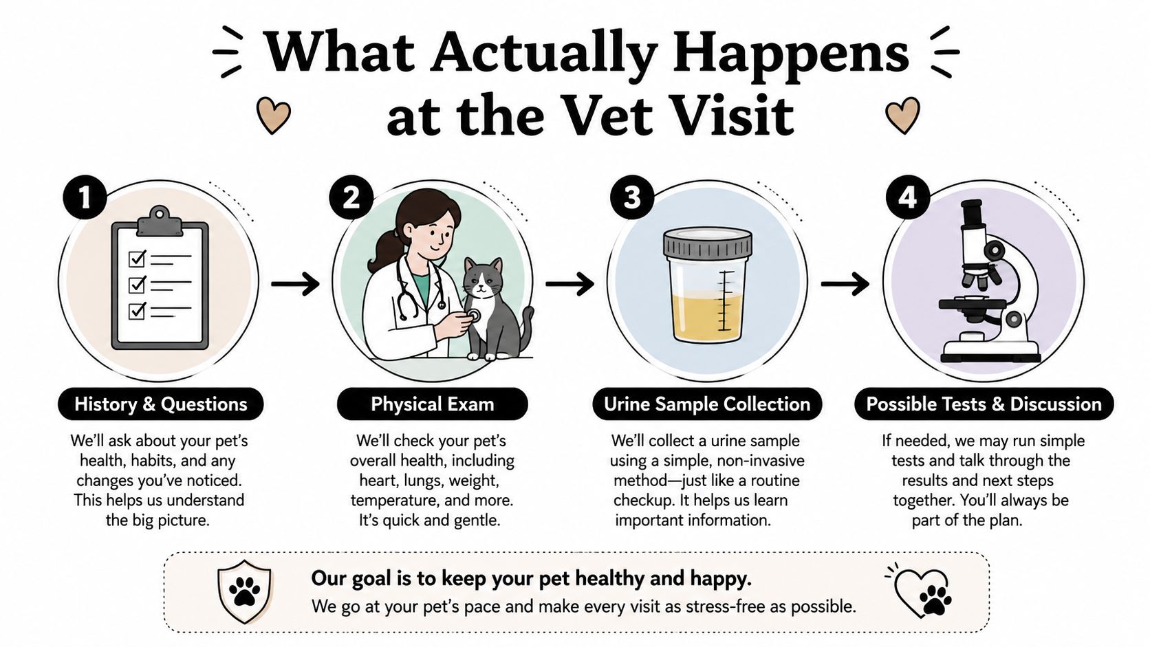 An infographic illustrating four steps of a veterinary checkup for a pet, including exam and testing.