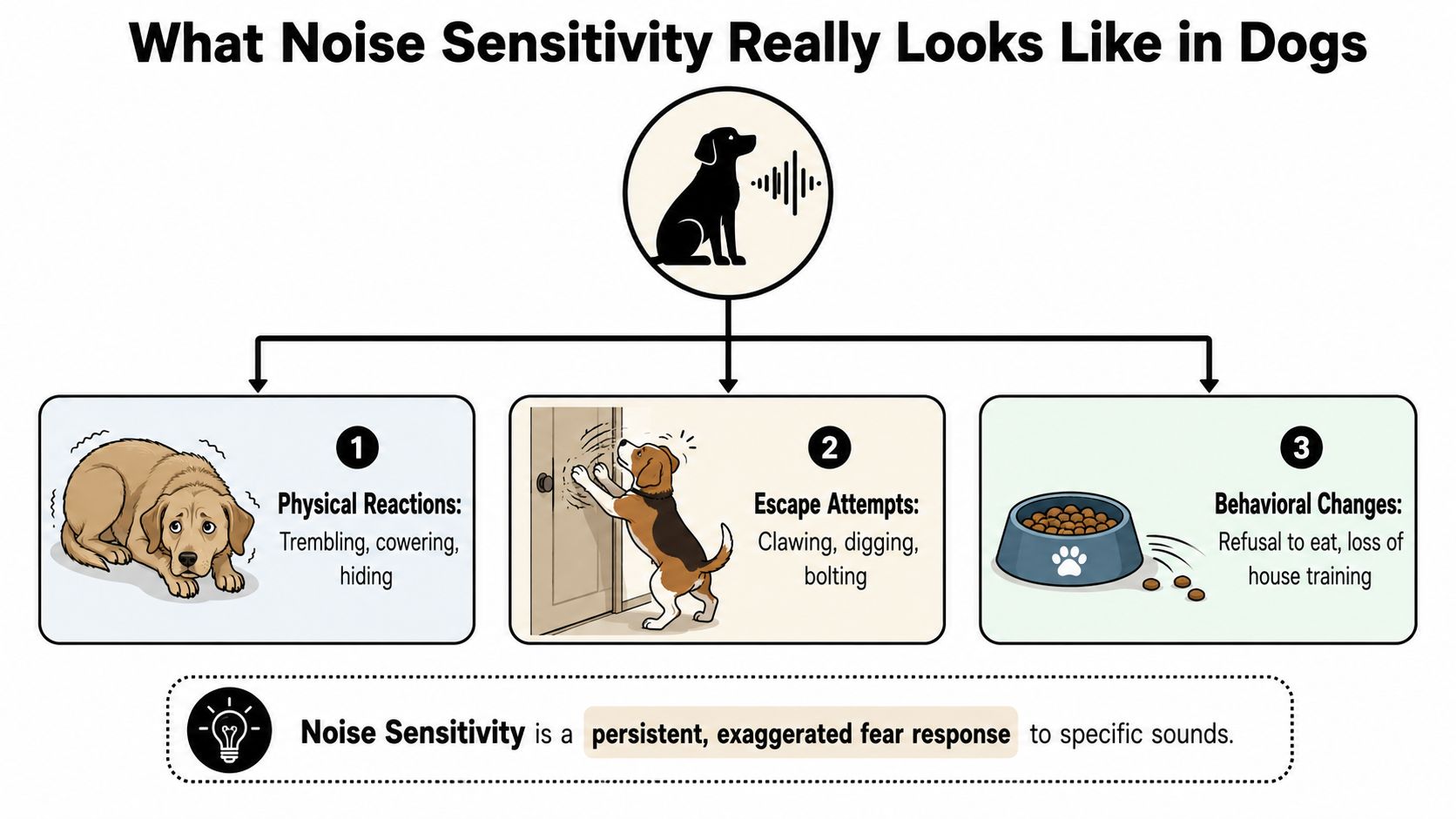 An infographic showing the three main signs of noise sensitivity in dogs, including physical reactions, escape attempts, and behavioral changes.