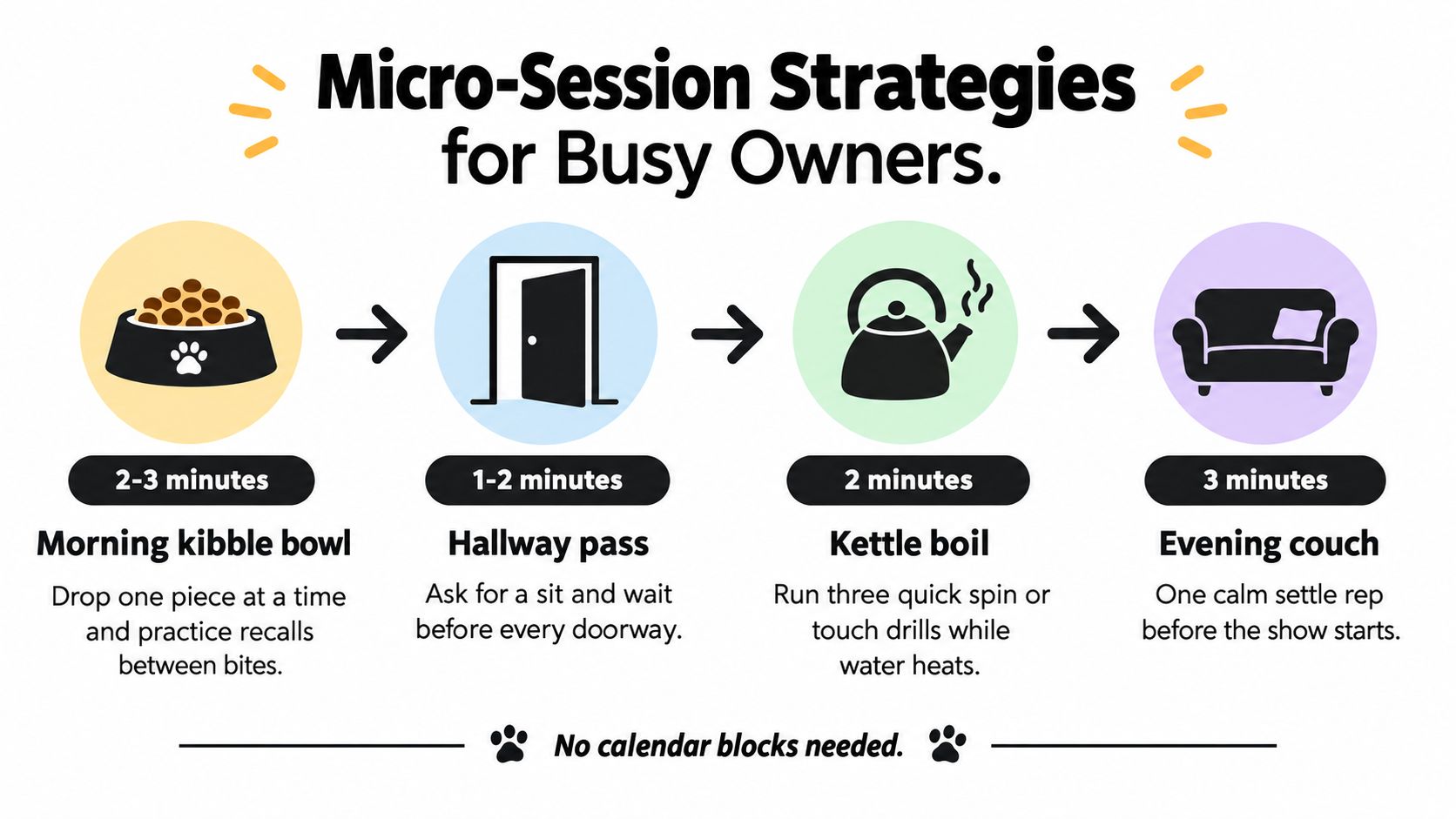 An infographic showing four daily routine strategies for quick and efficient dog training sessions for busy owners.