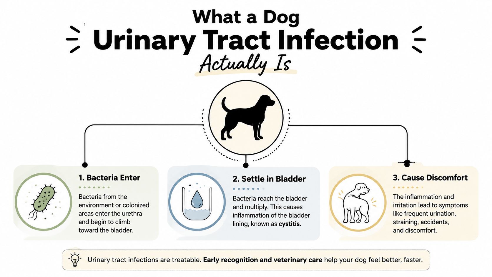An infographic titled What a Dog Urinary Tract Infection Actually Is, explaining the three stages of the condition.