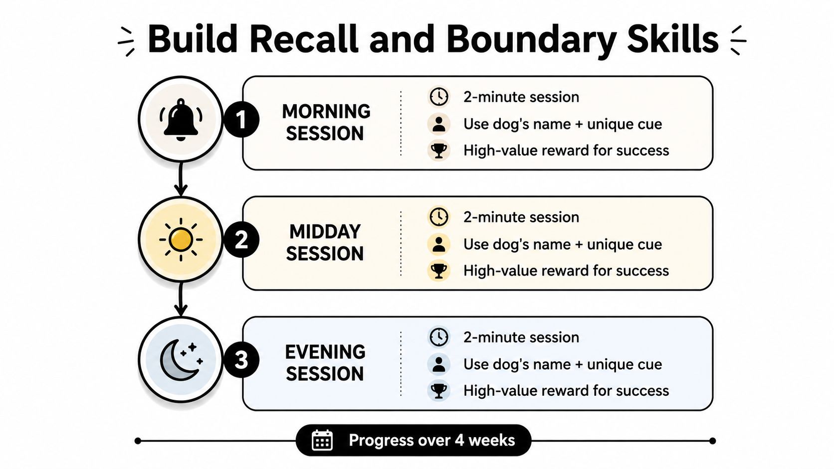 A structured guide outlining a daily training routine for teaching a dog recall and boundary commands.