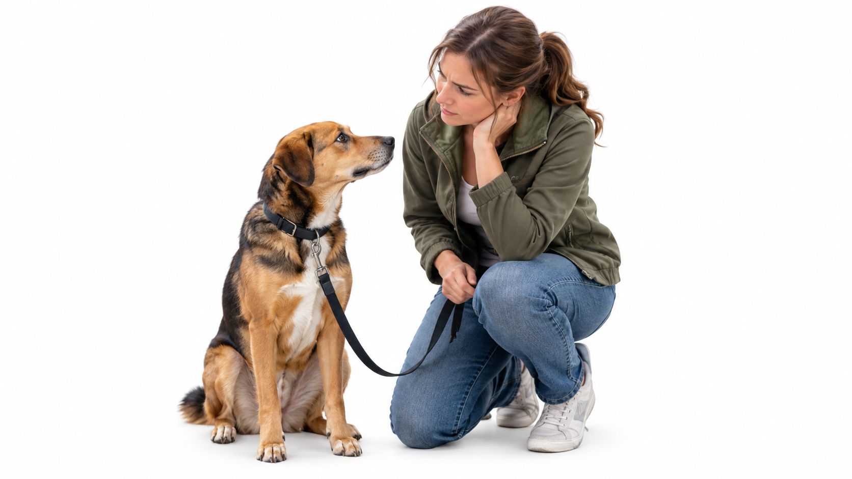 A woman kneeling down on the floor while training and looking at her dog on a leash.