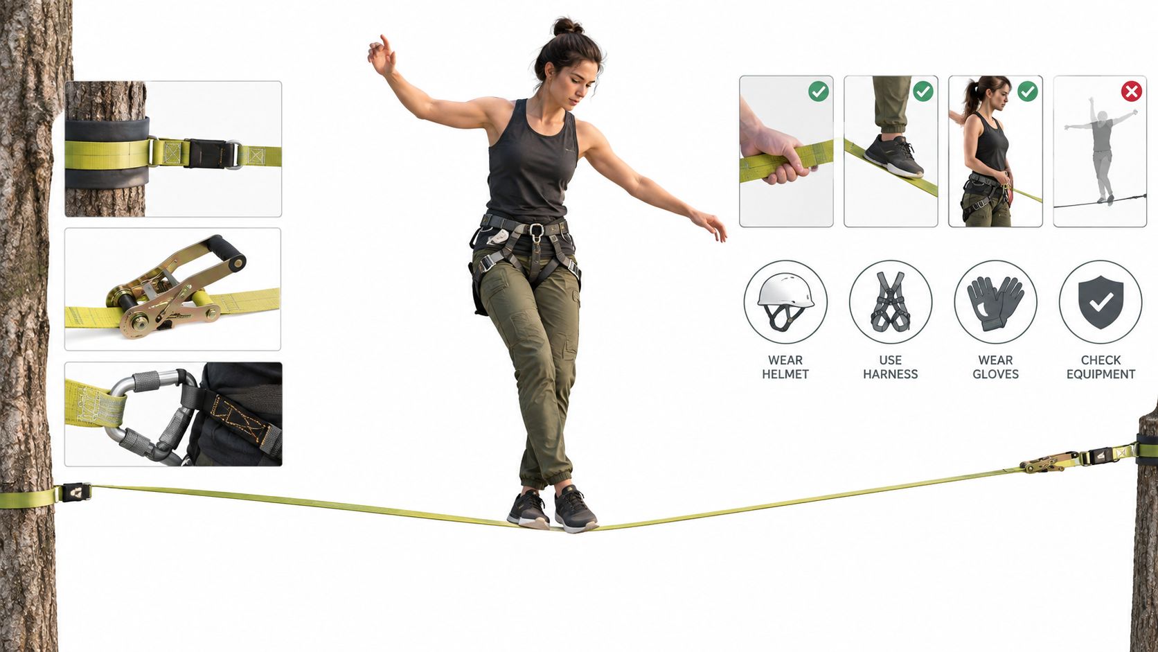 A woman practicing slacklining between two trees while wearing safety gear and following proper equipment guidelines.