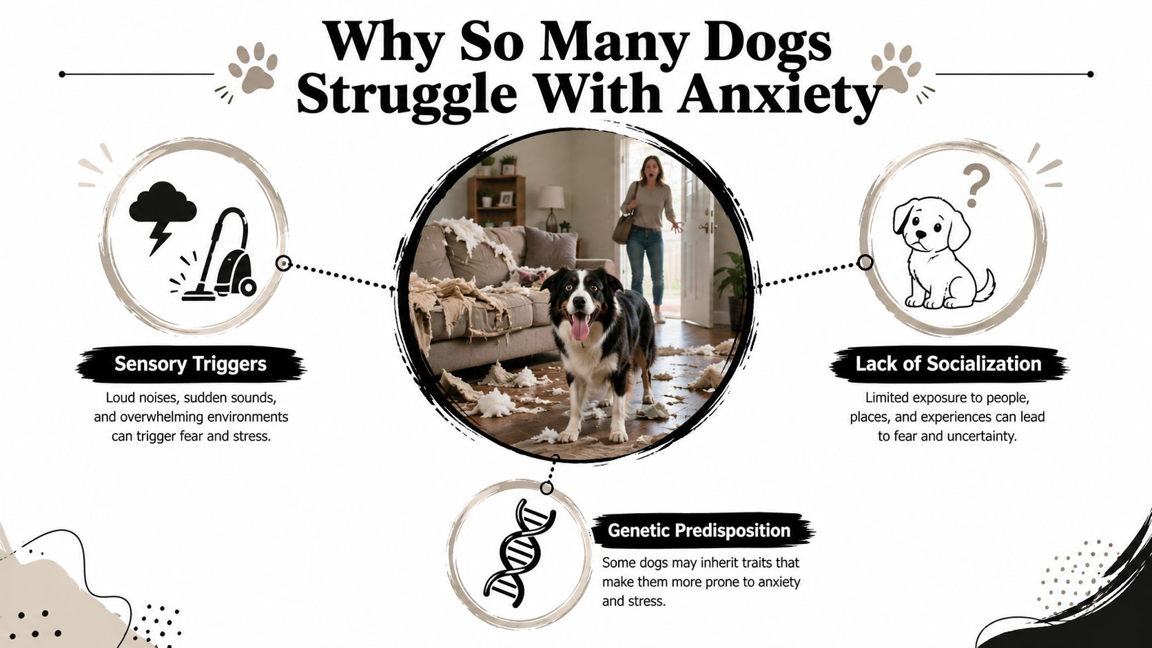 An infographic titled Why So Many Dogs Struggle With Anxiety, listing triggers like sensory issues and genetics.