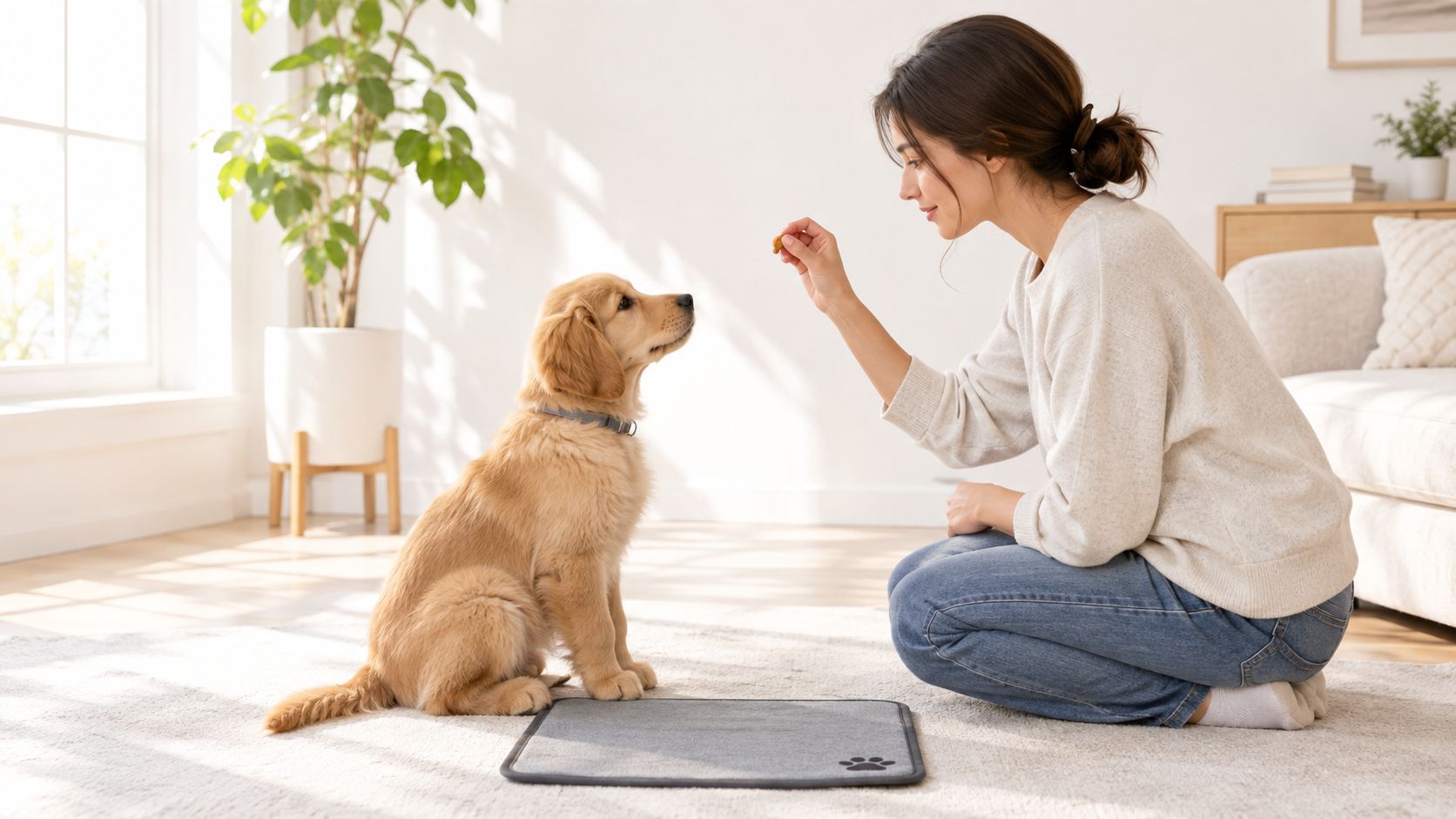 A woman kneeling on a rug and training her cute golden retriever puppy with a treat.