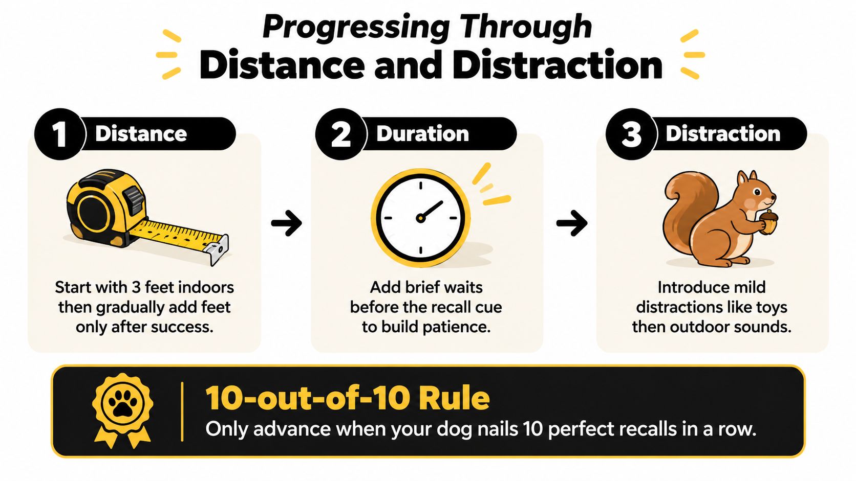 An infographic showing a three-step guide to improving dog recall training through distance, duration, and distractions.