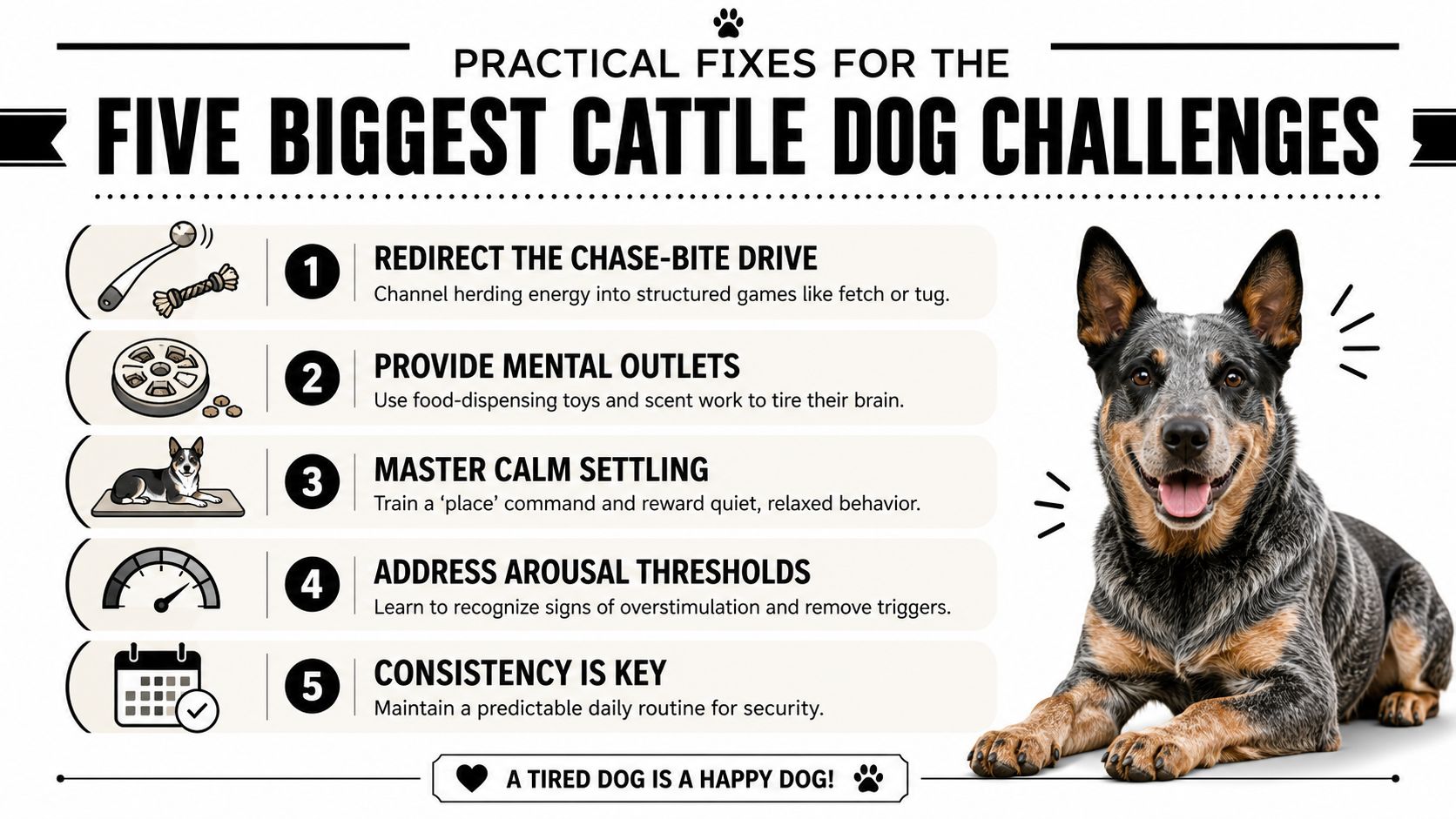 An infographic showing five practical tips for managing common cattle dog behavior issues and training needs.