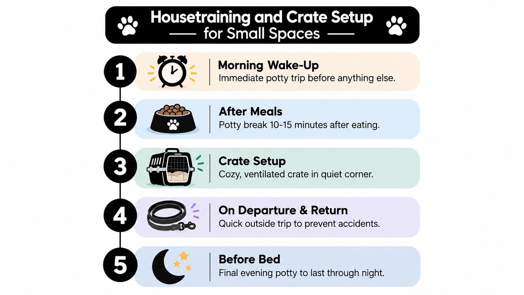 A helpful infographic showing five steps for housetraining and crate setup for puppies in small spaces.