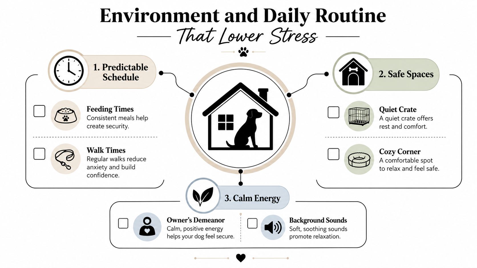 An infographic showing three tips for environment and daily routine to help lower stress in dogs.